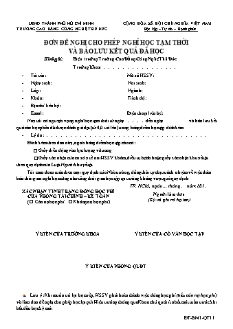 Đơn đề nghị cho phép nghỉ học tạm thời và bảo lưu kết quả đã học trường Cao đẳng công nghệ Thủ Đức