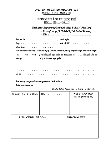 Đơn xin bảo lưu học phí trường Đại học Bà Rịa - Vũng Tàu