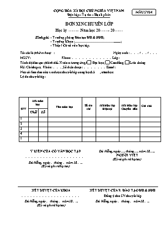 Đơn xin chuyển lớp dành cho sinh viên chuẩn