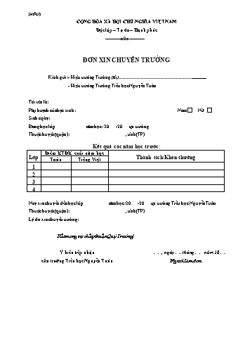 Đơn xin chuyển trường cho con trường Tiểu học Nguyễn Tuân