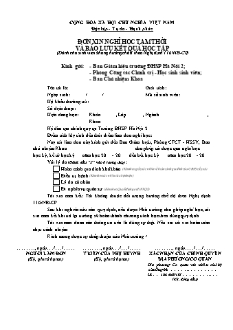 Đơn xin nghỉ học tạm thời và bảo lưu kết quả học tập (Dành cho sinh viên không hưởng chế độ theo Nghị định 116 NĐ-CP) trường ĐHSP Hà Nội 2
