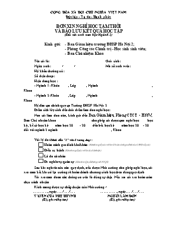 Đơn xin nghỉ học tạm thời và bảo lưu kết quả học tập (Đối với sinh viên học Ngành 2) trường ĐHSP Hà Nội 2