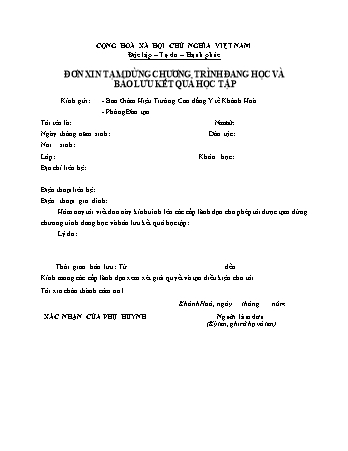 Đơn xin tạm dừng chương trình đang học và bảo lưu kết quả học tập - Trường Cao đẳng Y tế Khánh Hòa