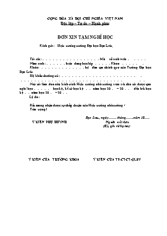 Đơn xin tạm nghỉ học trường Đại học Bạc Liêu